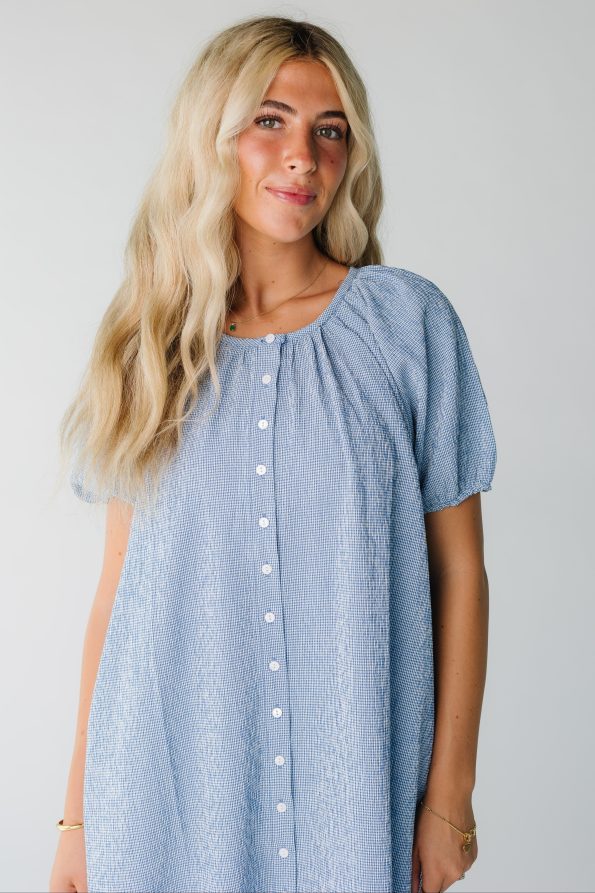 Close_view_of_blue_gingham_midi_with_round_neckline_and_short_sleeves