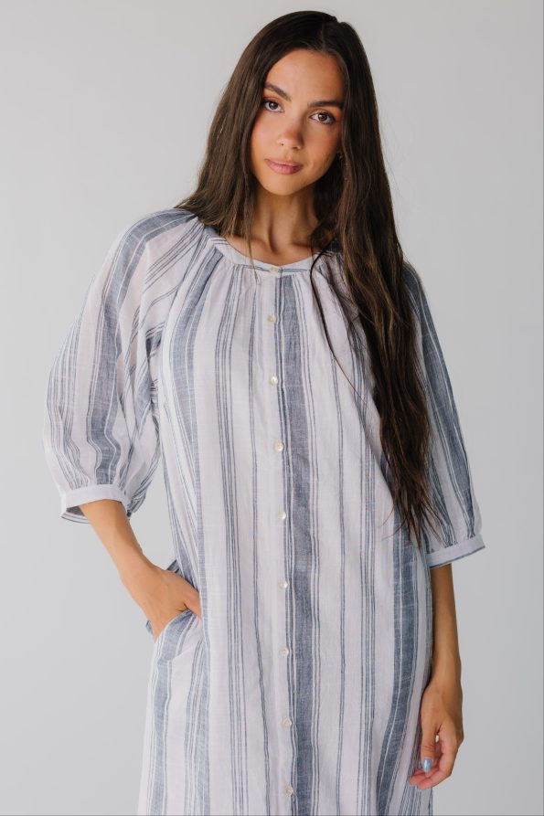Closeviewblueandwhitestripebuttondowndress
