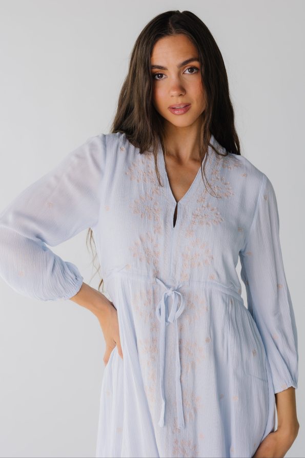 Closeviewoflightbluemidiwithembroideryanddrawstringunderbustline