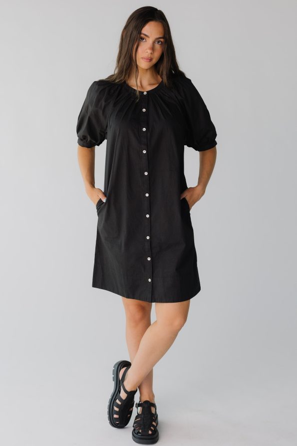 Modest_black_buton_down_dress_with_half_length_sleeves_and_round_neckline